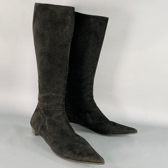 PRADA Size 7.5 Black Silver Suede Back Zip Pointed Toe Calf High Boots - Picture 1 of 9